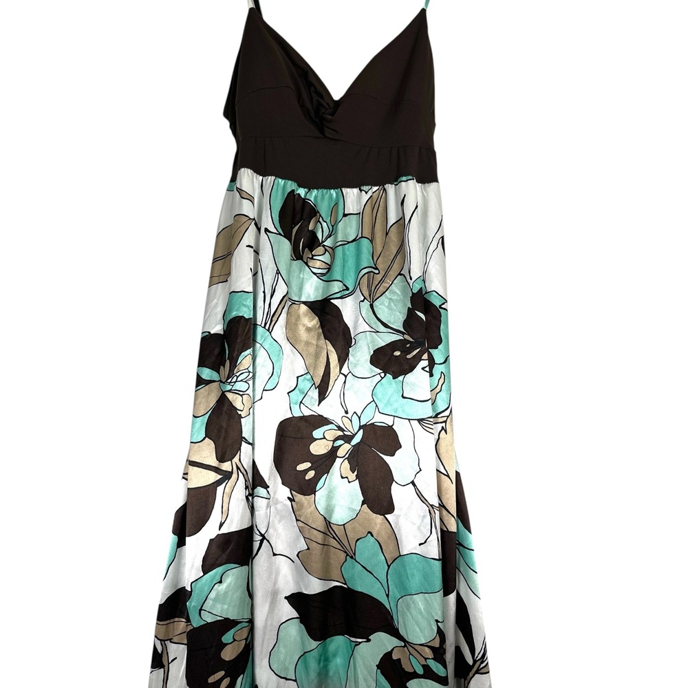 Candie's Y2K Floral Maxi Dress XL Brown Aqua Empire Waist Satin 2000s Boho Indie - Picture 3 of 11